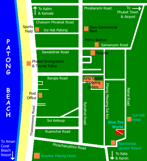 Map of Patong Beach showing Dive The World location