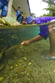 Eel man proferring a raw egg