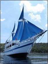 SMY Shakti sailing into the crystal clear waters of Raja Ampat in Indonesia