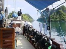 SMY Shakti sailing into the crystal clear waters of Raja Ampat in Indonesia